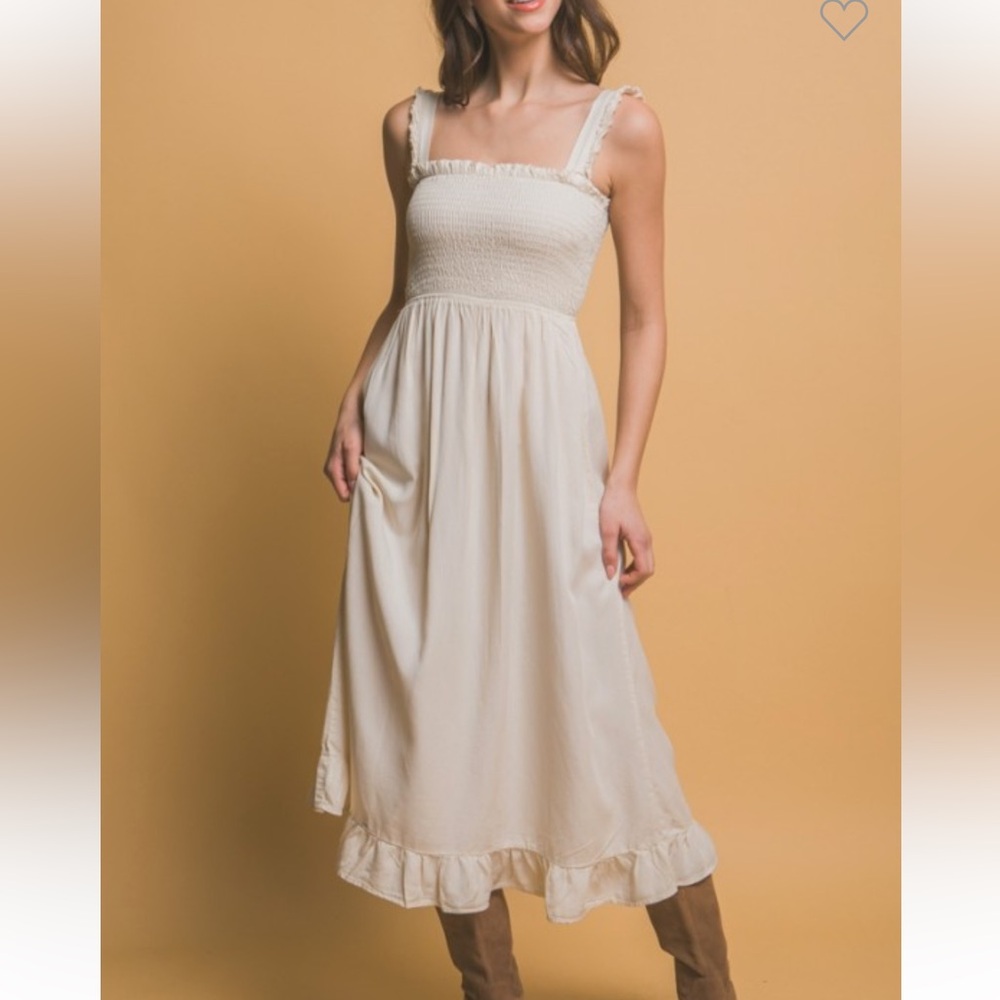 #040 smocked Cream Midi Dress
